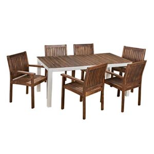 christopher knight home noe outdoor 7-piece acacia wood dining set, dark brown and white