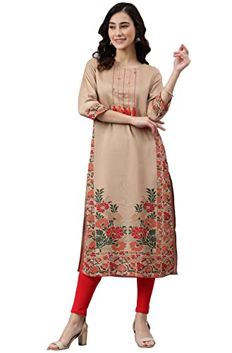 Janasya Indian Women's Tunic Tops Poly Silk Kurti for Women(JNE2305-KR-533-S) Brown