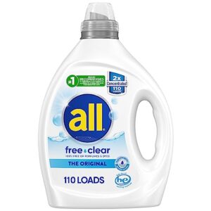 all liquid laundry detergent, free clear for sensitive skin, unscented and hypoallergenic, 2x concentrated, 110 loads