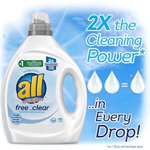 all Liquid Laundry Detergent, Free Clear for Sensitive Skin, Unscented and Hypoallergenic, 2X Concentrated, 110 Loads