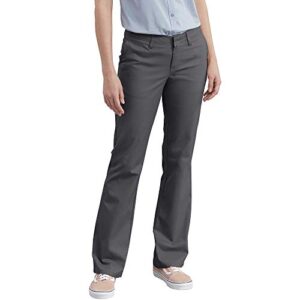 dickies women's flat front stretch twill pant slim fit bootcut, charcoal, 12