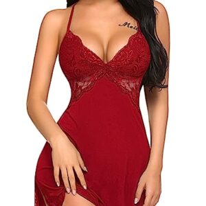 Avidlove Women Lingerie Lace Chemise Sleepwear Babydoll Teddy Lingerie Dark Red