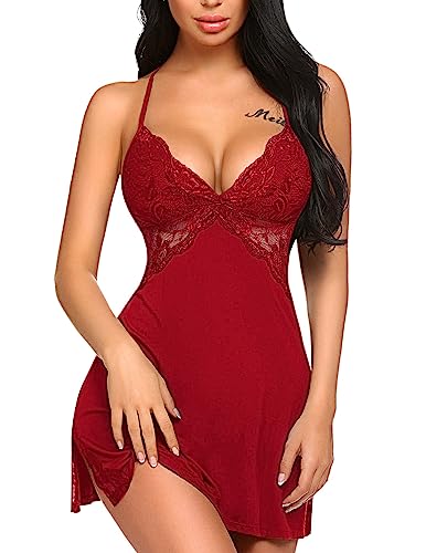 Avidlove Women Lingerie Lace Chemise Sleepwear Babydoll Teddy Lingerie Dark Red