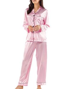 gaeshow women silk pajamas set long sleeve ladies satin pj sets button-down pajama sleepwear loungewear s~xl pink