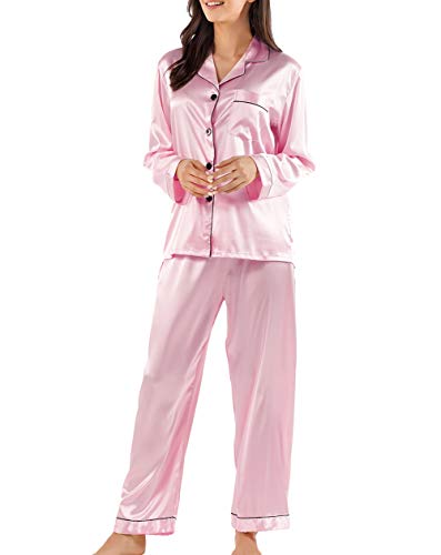 GAESHOW Women Silk Pajamas Set Long Sleeve Ladies Satin PJ Sets Button-Down Pajama Sleepwear Loungewear S~XL Pink