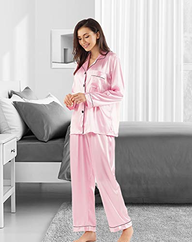 GAESHOW Women Silk Pajamas Set Long Sleeve Ladies Satin PJ Sets Button-Down Pajama Sleepwear Loungewear S~XL Pink