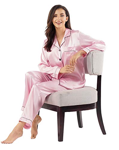 GAESHOW Women Silk Pajamas Set Long Sleeve Ladies Satin PJ Sets Button-Down Pajama Sleepwear Loungewear S~XL Pink