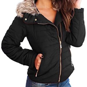 Dokotoo Womens Casual Ladies Winter Faux Fur Collar Zip Up Open Front Quilted Puffer Jacket Coat Outerwear with Pockets Black Small