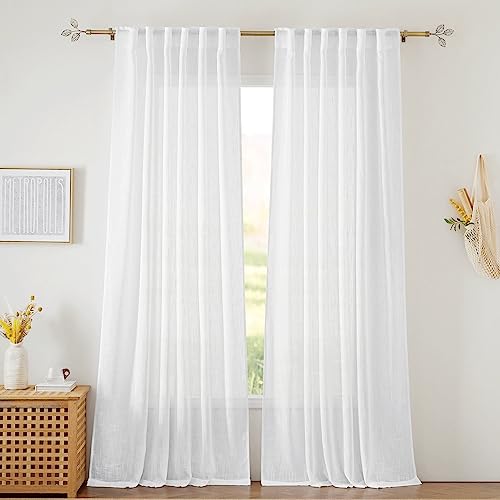 RYB HOME White Curtains Sheer - Linen Texture Semi Sheer Window Covering, Light & Airy Privacy Sheer Panels for Bedroom Living Room Patio Glass Door, 52 inch Width x 95 inch Length, Set of 2