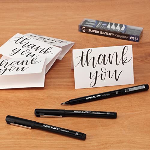 Creative Mark Calligraphy & Fineliner Pen Set Lettering Drawing Super Black, Permanent, Waterproof, & Acid-Free Chisel Nylon-Nibs Pens & Medium Brush Tip - [Lettering & Calligraphy Set of 3]