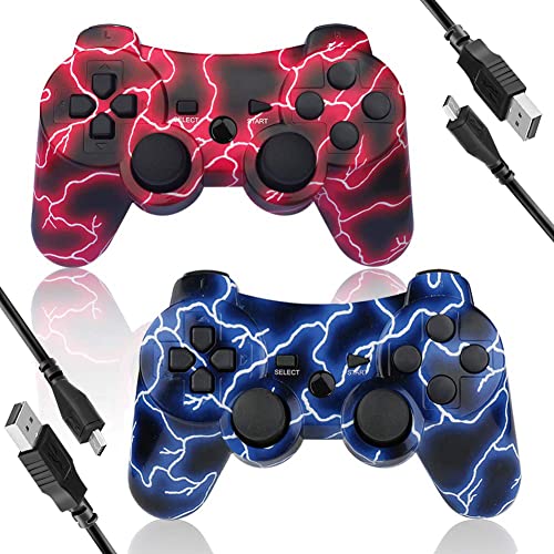 Kujian Controller for PS3 2 Pack Wireless Controller for Playstation 3 6-axis Thunderbolt Style Dual Vibration Gaming Controller with 2 Charging Cord(Red and Blue)