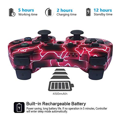 Kujian Controller for PS3 2 Pack Wireless Controller for Playstation 3 6-axis Thunderbolt Style Dual Vibration Gaming Controller with 2 Charging Cord(Red and Blue)