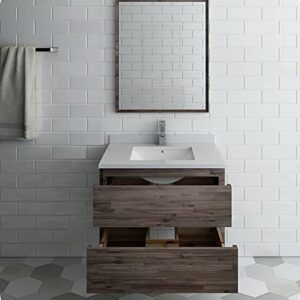 Fresca Formosa 30" Wall Hung Modern Bathroom Vanity - Quartz Countertop, Ceramic Sink & Mirror Included - Faucet Not Included