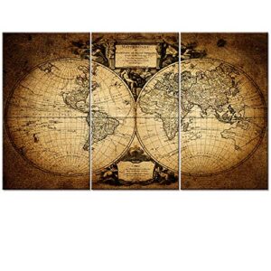 welmeco large 36"x60" ancient map of the world wall canvas prints retro map poster framed and stretched painting vinitage old map for living room office decoration (20"x36"x3 pcs)