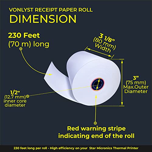 Vonlyst Receipt Paper Roll 3 1/8 x 230 for Square POS System connected to Star Micronics Thermal Printer (Pack 12 rolls)