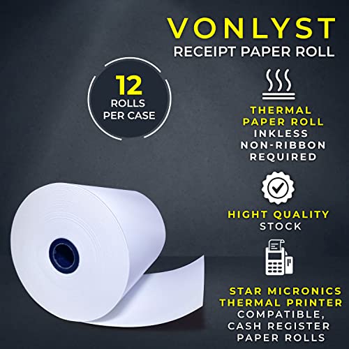 Vonlyst Receipt Paper Roll 3 1/8 x 230 for Square POS System connected to Star Micronics Thermal Printer (Pack 12 rolls)