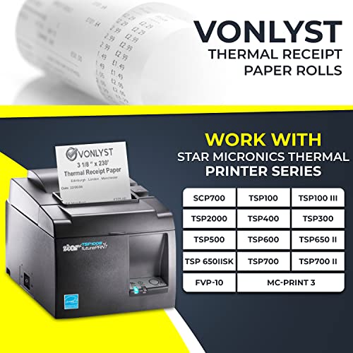 Vonlyst Receipt Paper Roll 3 1/8 x 230 for Square POS System connected to Star Micronics Thermal Printer (Pack 12 rolls)