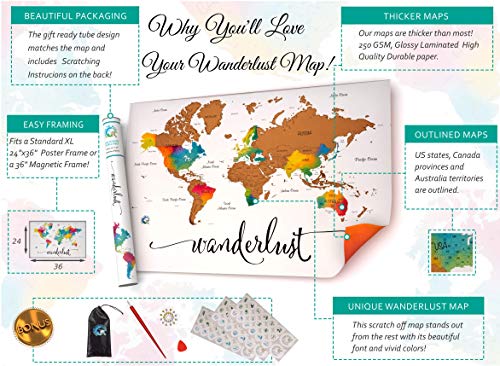 Scratch Off Map of The World | Deluxe Watercolor Wanderlust Edition | XL Size 36"x 24" | Easy to Frame | Beautiful Wall Art | Perfect Travel Gift | Includes Scratch Off Tools