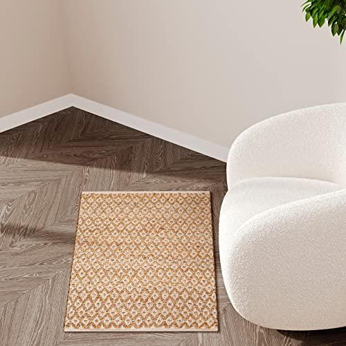 Jute Cotton Rug 2x3 Feet (24x36 inches) - Hand Woven by Skilled Artisans, for Any Room of Your Home décor – Reversible for Double The wear - Diamond Design - Jute Cotton Rug - Natural White