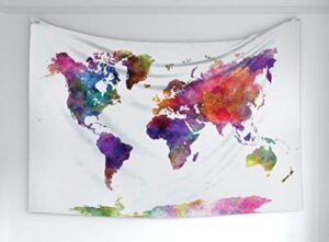 ambesonne watercolor tapestry, multicolored hand drawn world map asia europe africa america geography print, fabric wall hanging decor for bedroom living room dorm, 60" x 40", purple grey