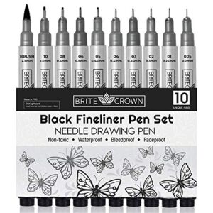 brite crown drawing and sketching pens set - 10 black fineliner pens 0.2mm to 1.0mm width tips & 2.5mm micro calligraphy brush-tip pen, ideal gift idea for artists and beginners