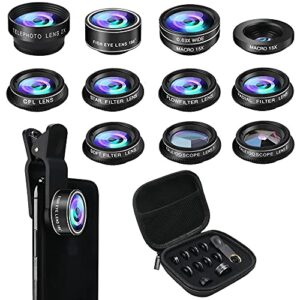 phone camera lens kit, 11 in 1 cellphone lens kit for iphone and android, 0.63x wide angle+15x macro+ 198°fisheye+telephoto+cpl/flow/radial/star/soft filter+kaleidoscope lens