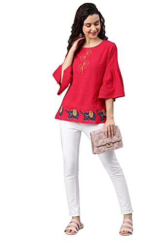 Yash Gallery Women's Plus Size Cotton Slub Elephant Print Indian Tunic Summer Tops (Pink)