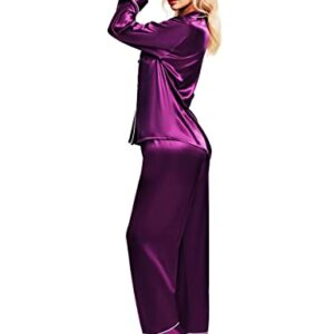 Satin Silk Pajamas for Women Pajama Set with Long Sleeve Button-Down Satin Pajamas Sleepwear Purple M