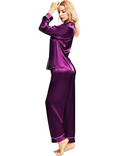 Satin Silk Pajamas for Women Pajama Set with Long Sleeve Button-Down Satin Pajamas Sleepwear Purple M