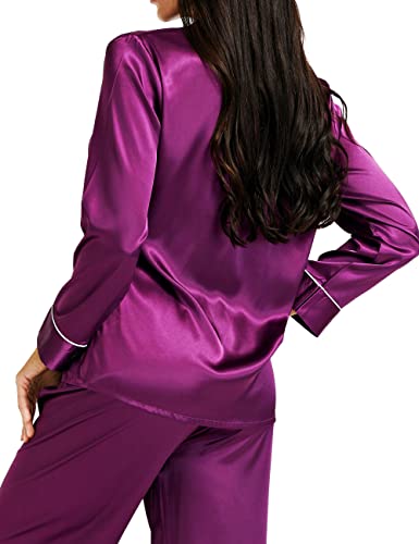Satin Silk Pajamas for Women Pajama Set with Long Sleeve Button-Down Satin Pajamas Sleepwear Purple M