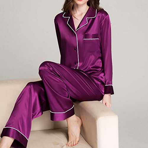 Satin Silk Pajamas for Women Pajama Set with Long Sleeve Button-Down Satin Pajamas Sleepwear Purple M