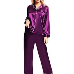 Satin Silk Pajamas for Women Pajama Set with Long Sleeve Button-Down Satin Pajamas Sleepwear Purple M