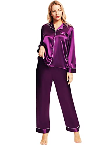 Satin Silk Pajamas for Women Pajama Set with Long Sleeve Button-Down Satin Pajamas Sleepwear Purple M