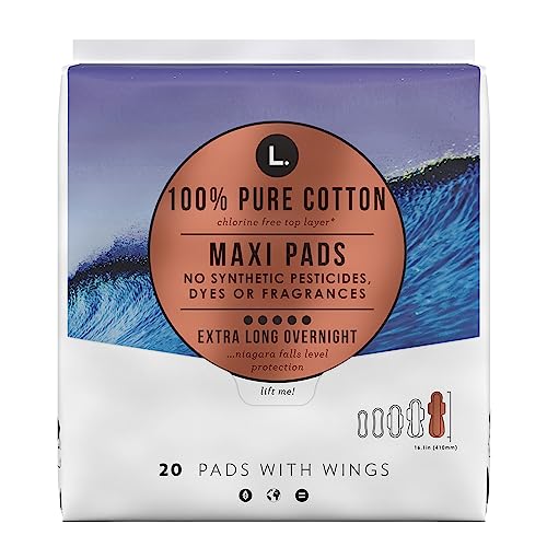 L. Chlorine Free Maxi Pads Extra Long Overnight Absorbency with Wings, Organic Cotton, Free of Chlorine Bleaching, Pesticides, Fragrances, or Dyes, 20 Count