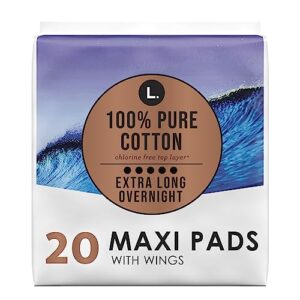 l. chlorine free maxi pads extra long overnight absorbency with wings, organic cotton, free of chlorine bleaching, pesticides, fragrances, or dyes, 20 count
