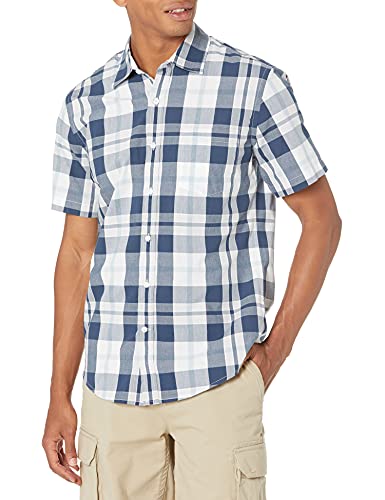 Amazon Essentials Men's Slim-Fit Short-Sleeve Poplin Shirt, White/Navy, Large Plaid, X-Large