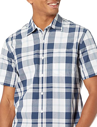 Amazon Essentials Men's Slim-Fit Short-Sleeve Poplin Shirt, White/Navy, Large Plaid, X-Large