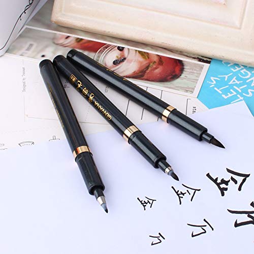 Ink Brush Pen- 3 Size Black Shodo Japanese Chinese Calligraphy Pen for Beginners Writing, Lettering, Signature, Illustration, Design (Pack of 3pcs)