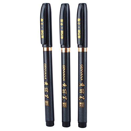 Ink Brush Pen- 3 Size Black Shodo Japanese Chinese Calligraphy Pen for Beginners Writing, Lettering, Signature, Illustration, Design (Pack of 3pcs)