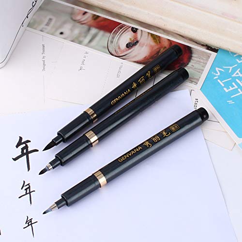 Ink Brush Pen- 3 Size Black Shodo Japanese Chinese Calligraphy Pen for Beginners Writing, Lettering, Signature, Illustration, Design (Pack of 3pcs)