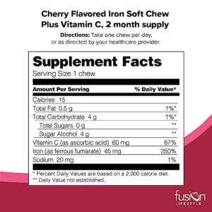 Fusion Lifestyle Iron Supplement for Women and Men, Cherry Flavored Iron Soft Chew Plus Vitamin C for Iron Deficiency and Anemia, 2 Month Supply, 60 Count