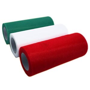 gnognauq 3 colors（6 inches by 25 yards/spool）christmas tulle rolls tulle fabric spool ribbons for decoration (white, green and red)