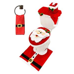 joyin 5 pieces christmas theme bathroom decoration set w/toilet seat cover, rugs, tank cover, toilet paper box cover and santa towel for xmas indoor décor, party favors (santa)