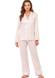 serenedelicacy women's satin pajama set long sleeve button down sleepwear 2-piece striped silky pj set (medium, blush/ivory, stripe)