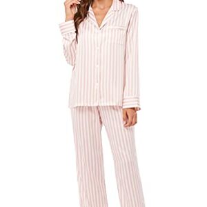 Serenedelicacy Women's Satin Pajama Set Long Sleeve Button Down Sleepwear 2-Piece Striped Silky Pj Set (Medium, Blush/Ivory, Stripe)