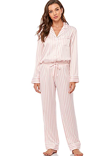 Serenedelicacy Women's Satin Pajama Set Long Sleeve Button Down Sleepwear 2-Piece Striped Silky Pj Set (Medium, Blush/Ivory, Stripe)