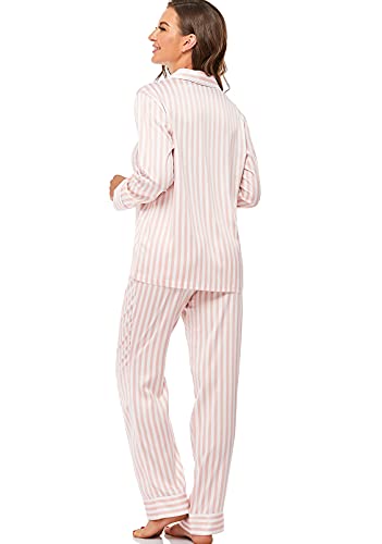 Serenedelicacy Women's Satin Pajama Set Long Sleeve Button Down Sleepwear 2-Piece Striped Silky Pj Set (Medium, Blush/Ivory, Stripe)