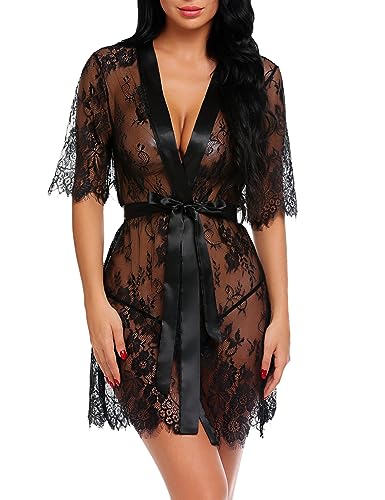 Avidlove sexy robe Women Kimono Robe Floral Lace Babydoll Lingerie Sheer Mesh Nightgown Black L