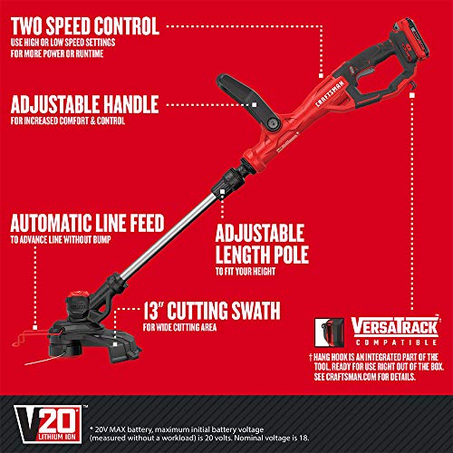 CRAFTSMAN V20 WEEDWACKER Cordless String Trimmer, 13”, Adjustable Pole Length, 2-Speed Control, Spool Included (CMCST900D1)