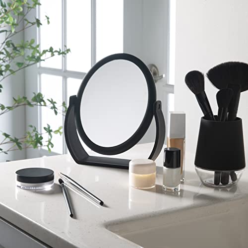 Bath Bliss Double Sided Free Standing Swivel Vanity Mirror, Regular & 10X’s Magnification, Make-up & Shaving Use, Tabletop, Rubberized, Black